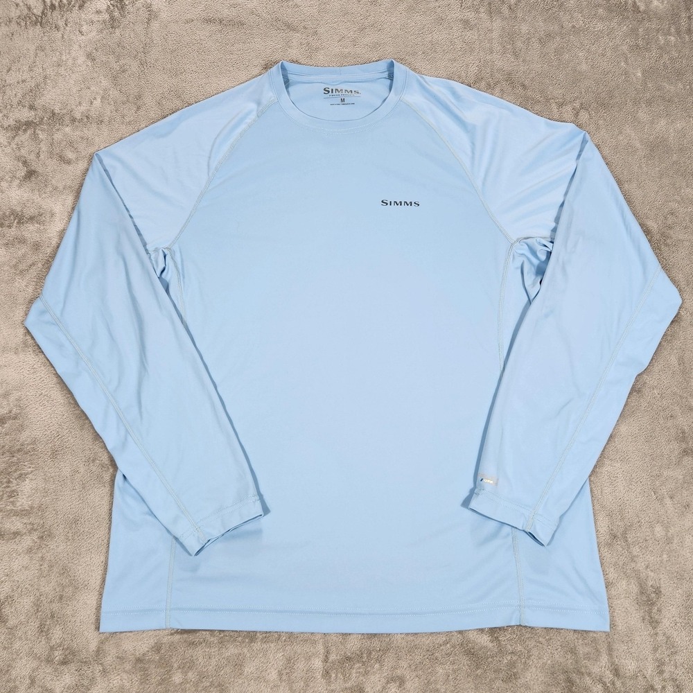 Simms SolarFlex Shirt Mens Medium Blue Long Sleeve Fishing UPF 50 Sun Protection